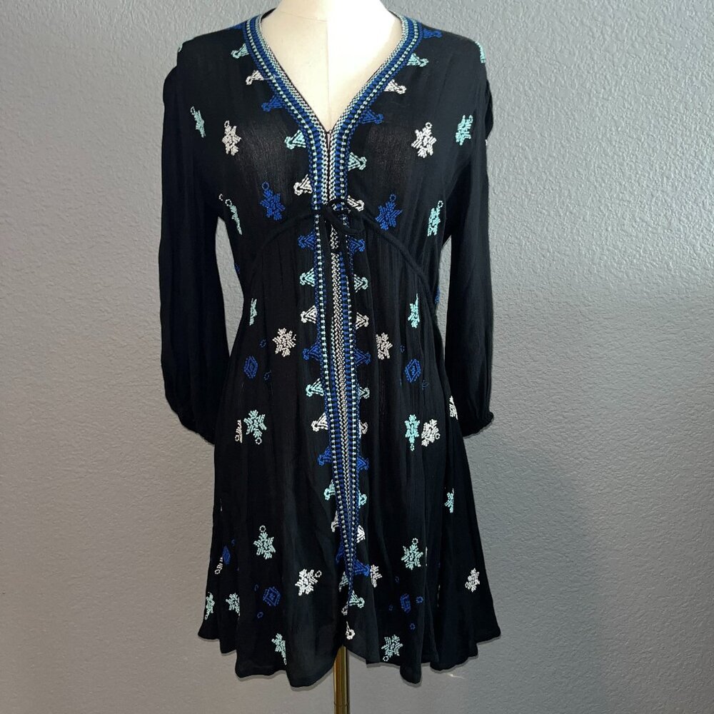 FP FREE PEOPLE STAR GAZER BLACK & BLUE LONG SLEEVE EMBROIDERED DRESS - EUC -  XS